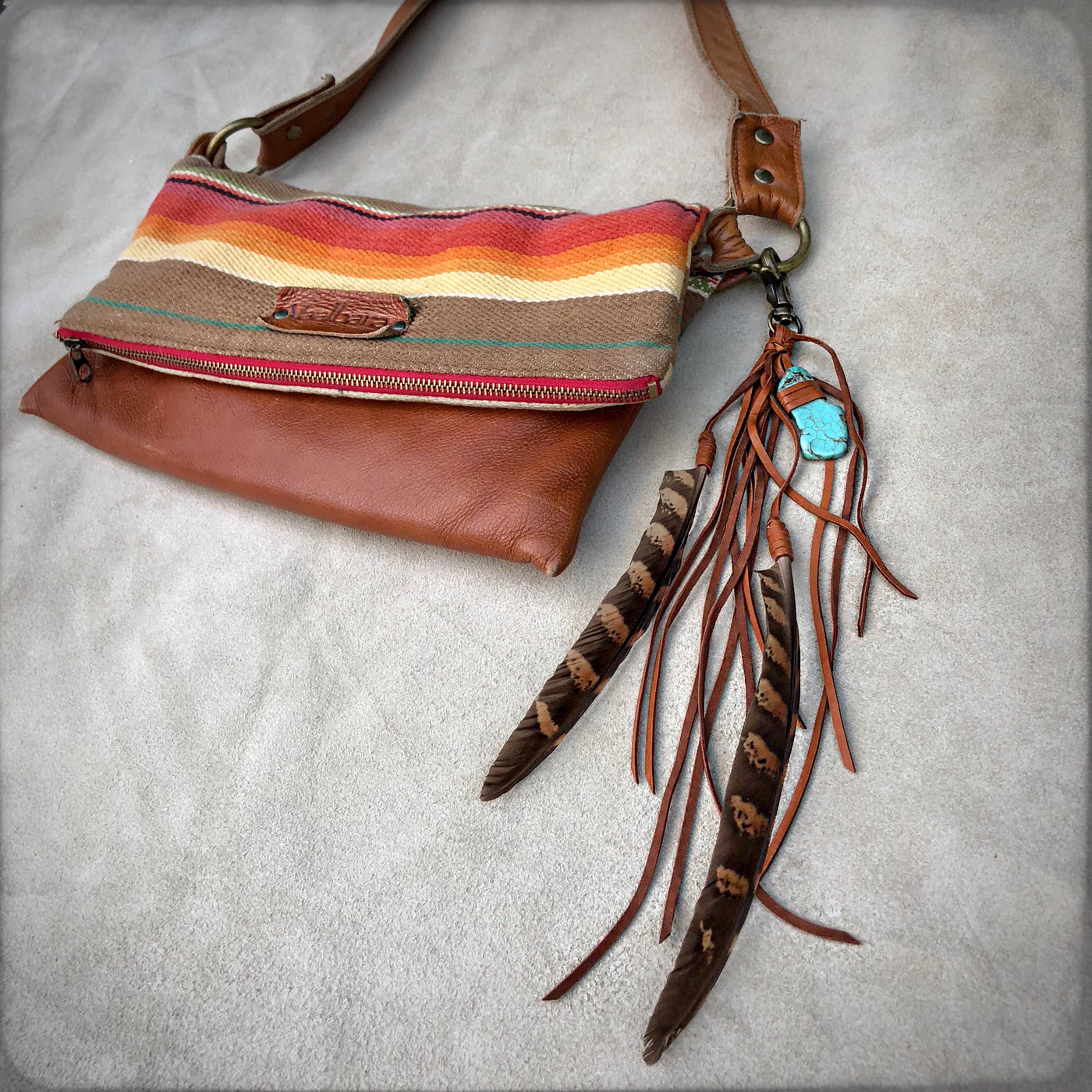 Feather & Leather Clip - Rust & Turquoise