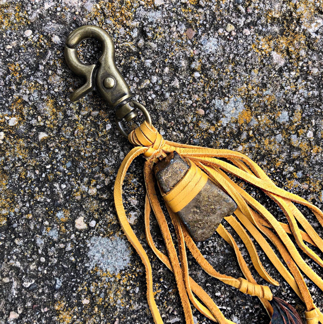 Feather & Leather Bag Clip - Gold & Bronze Agate Bag Tassel