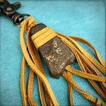 Load image into Gallery viewer, Feather &amp; Leather Bag Clip - Gold &amp; Bronze Agate Bag Tassel
