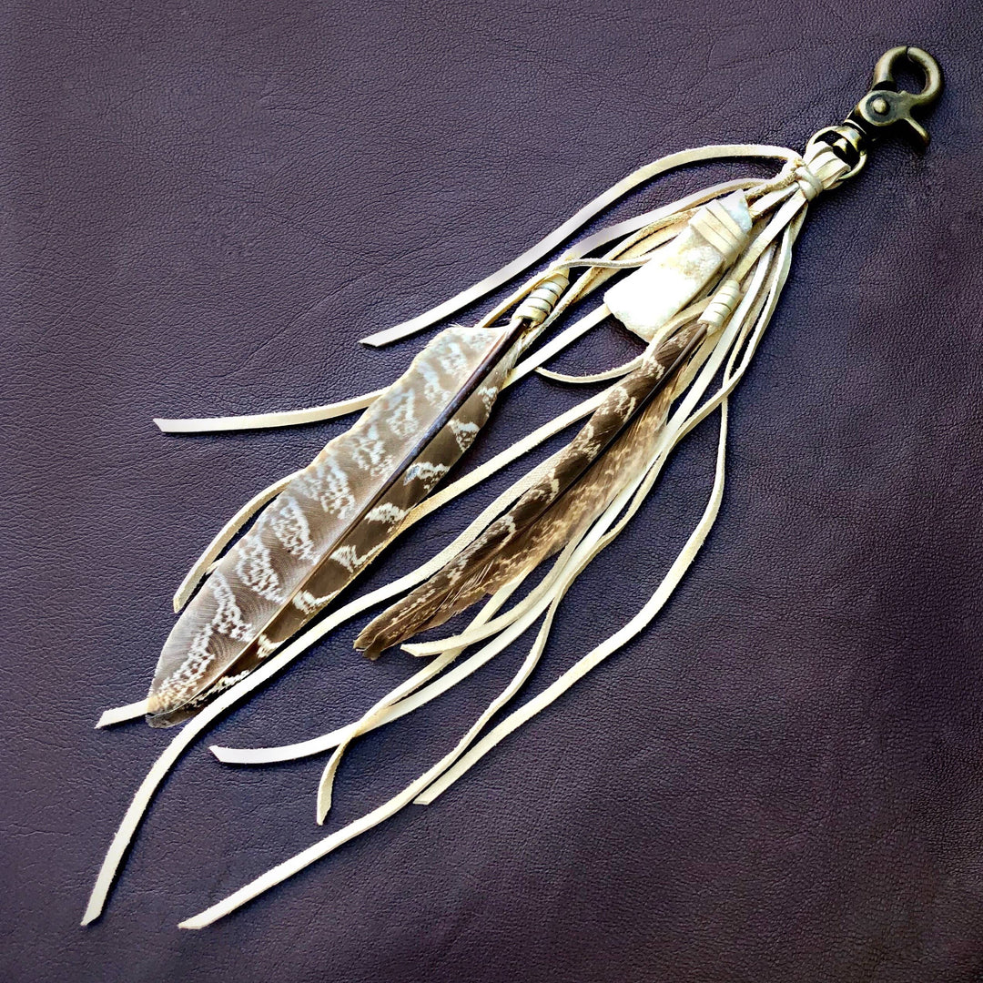 Feather & Leather Bag Clip - Cream & White Druzy Bag Tassel