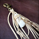 Load image into Gallery viewer, Feather &amp; Leather Bag Clip - Cream &amp; White Druzy Bag Tassel
