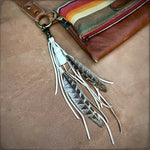Load image into Gallery viewer, Feather &amp; Leather Bag Clip - Cream &amp; White Druzy Bag Tassel
