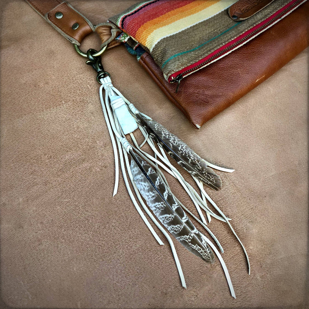 Feather & Leather Bag Clip - Cream & White Druzy Bag Tassel