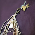 Load image into Gallery viewer, Feather &amp; Leather Bag Clip - Cream &amp; White Druzy Bag Tassel
