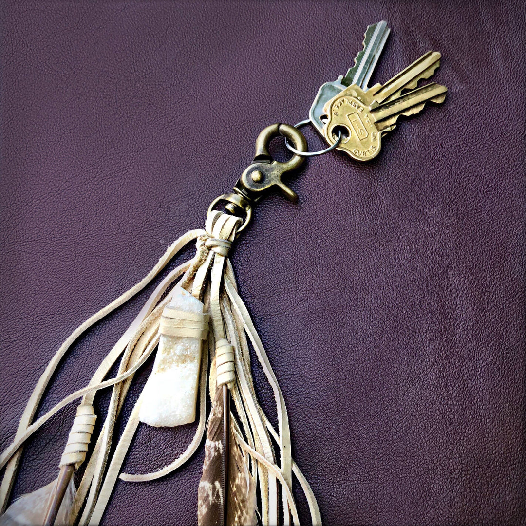 Feather & Leather Bag Clip - Cream & White Druzy Bag Tassel