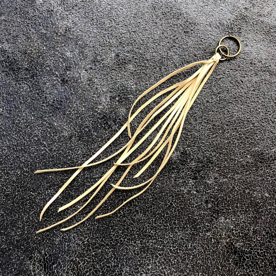 Leather Tassel Key Ring - Cream, Long Keyfob, Handbag Fringe