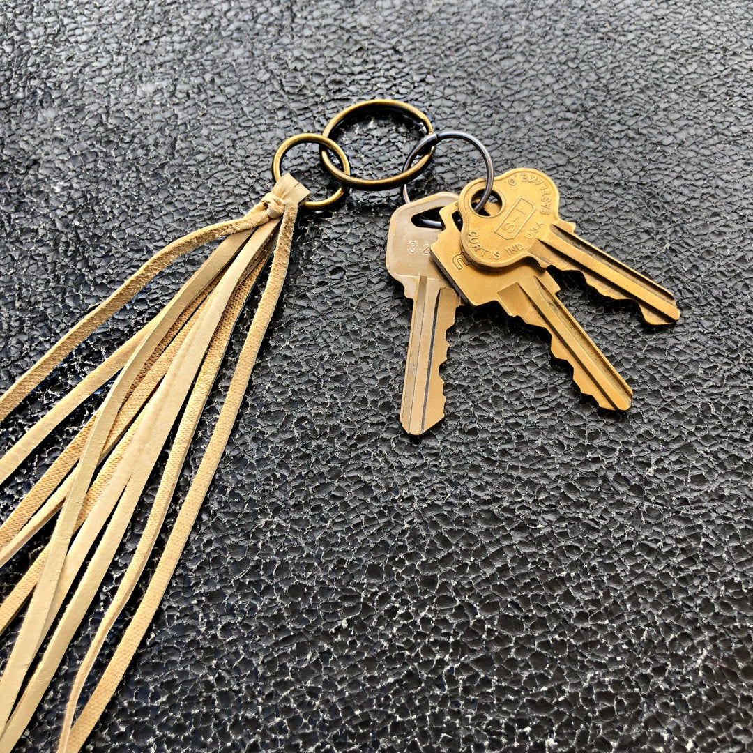 Leather Tassel Key Ring - Cream, Long Keyfob, Handbag Fringe
