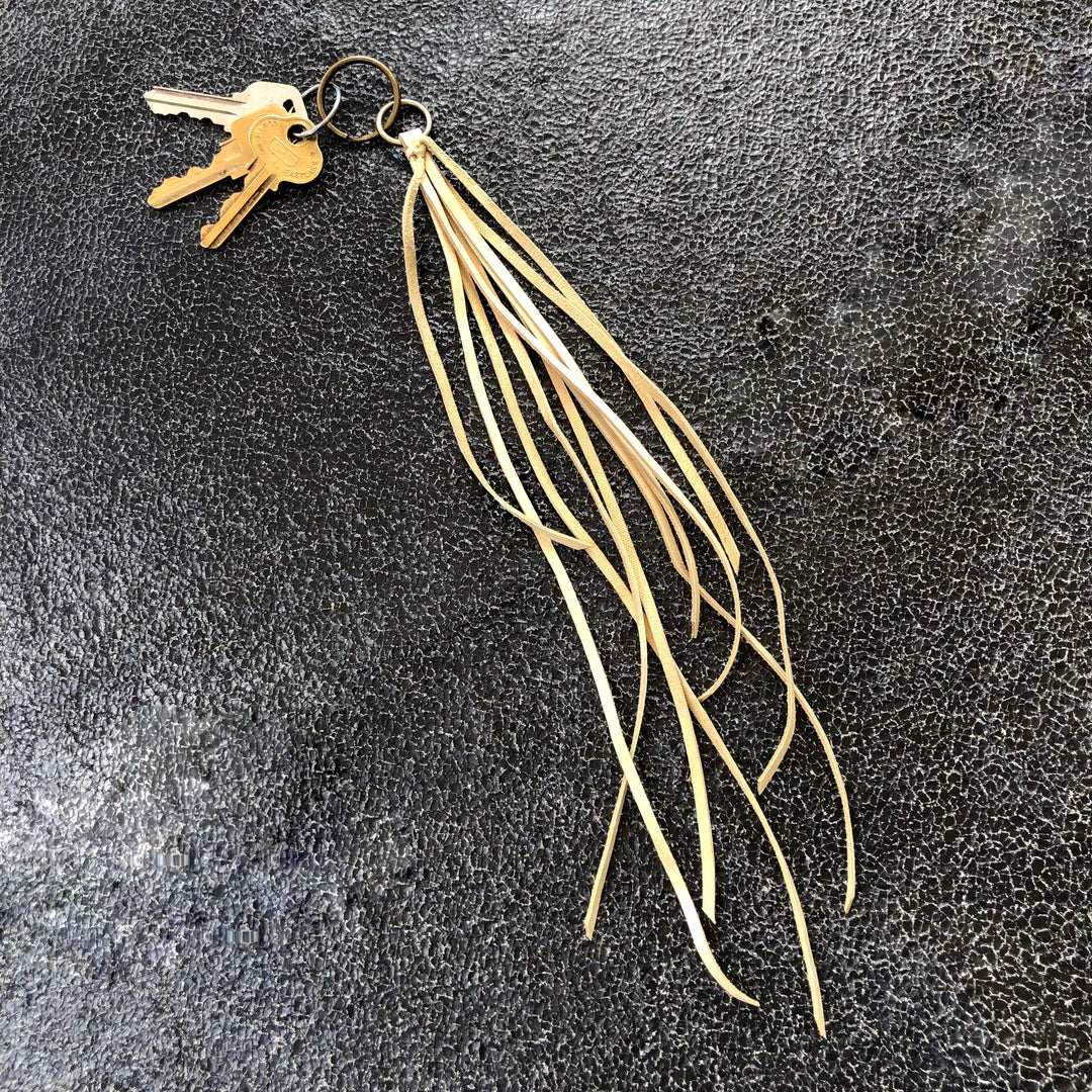 Leather Tassel Key Ring - Cream, Long Keyfob, Handbag Fringe