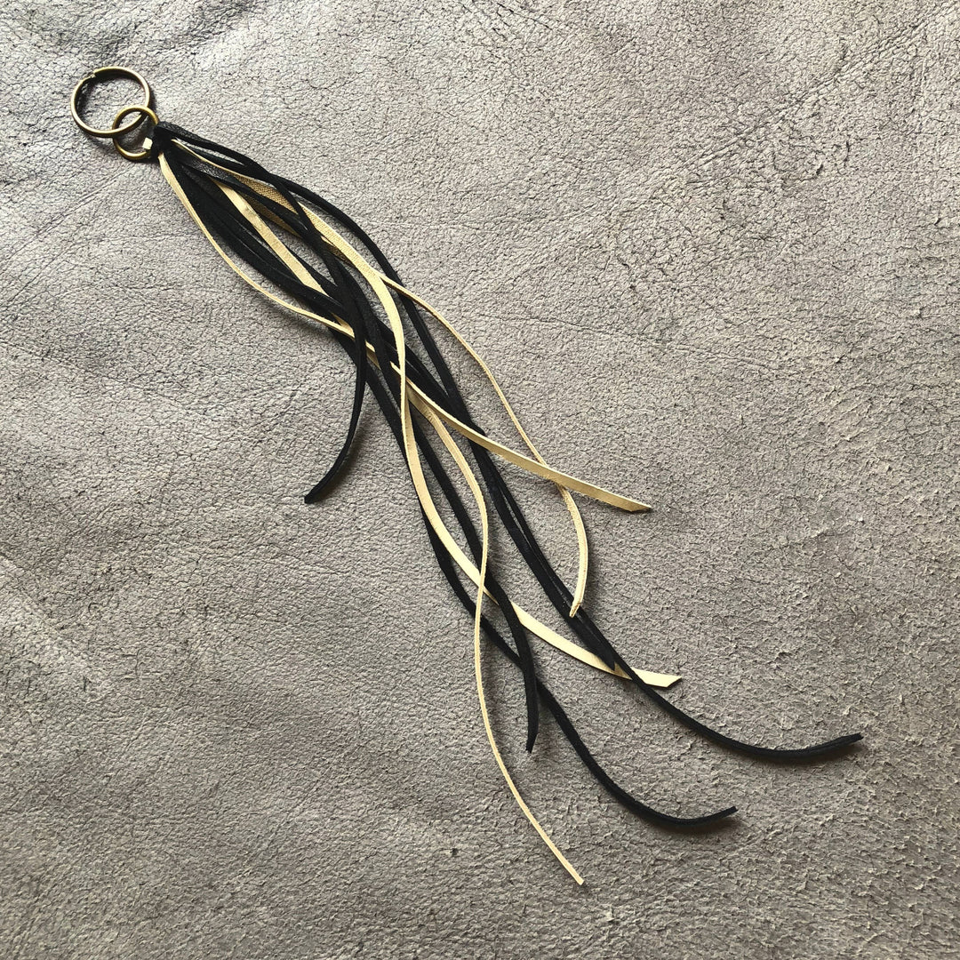 Leather Tassel Key Ring - Cream & Black, Long Handbag Fringe
