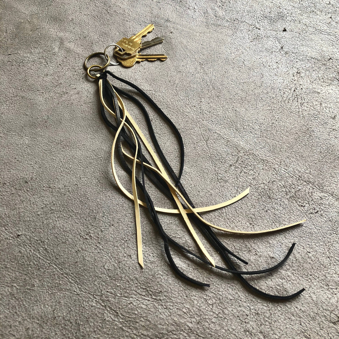 Leather Tassel Key Ring - Cream & Black, Long Handbag Fringe