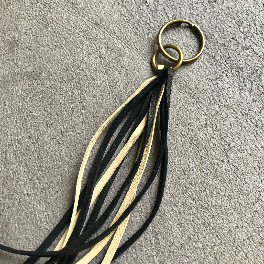 Leather Tassel Key Ring - Cream & Black, Long Handbag Fringe