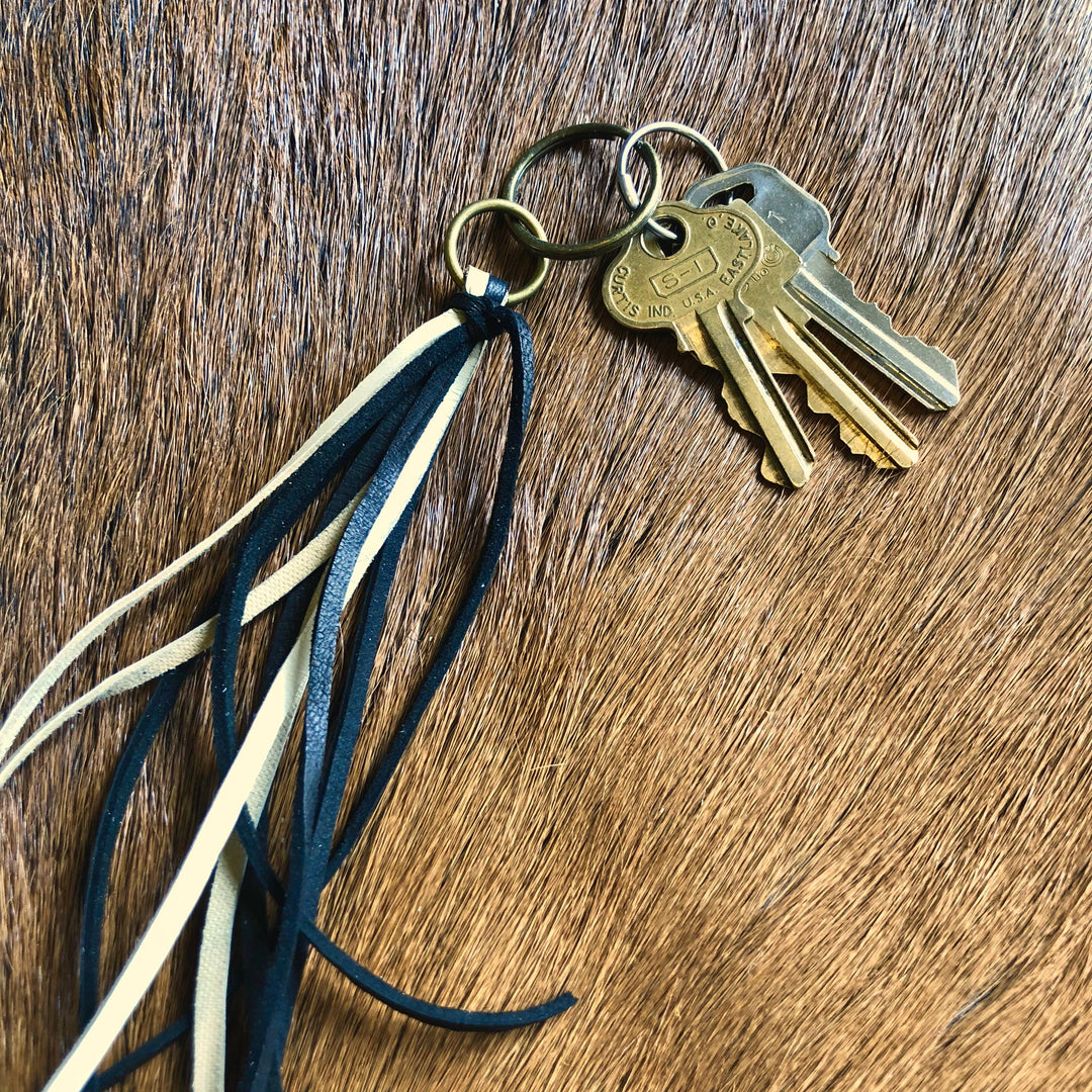 Leather Tassel Key Ring - Cream & Black, Long Handbag Fringe