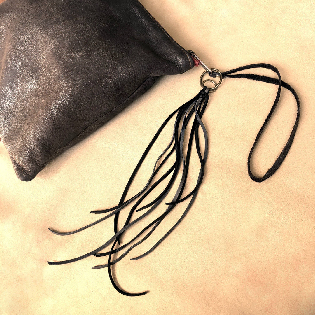 Leather Tassel Key Ring - Charcoal & Black, Handbag Fringe