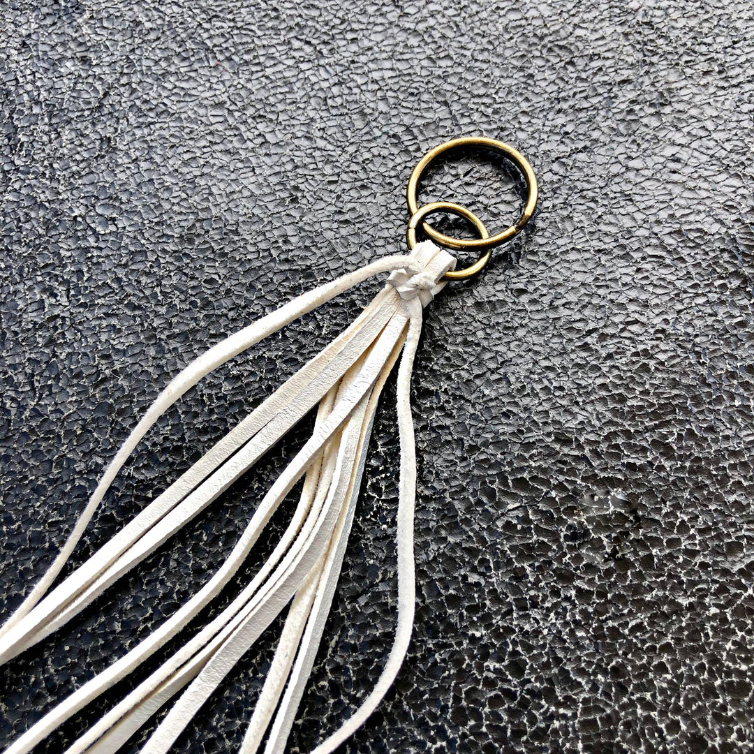 Leather Tassel Key Ring - White, Long Keyfob, Handbag Fringe