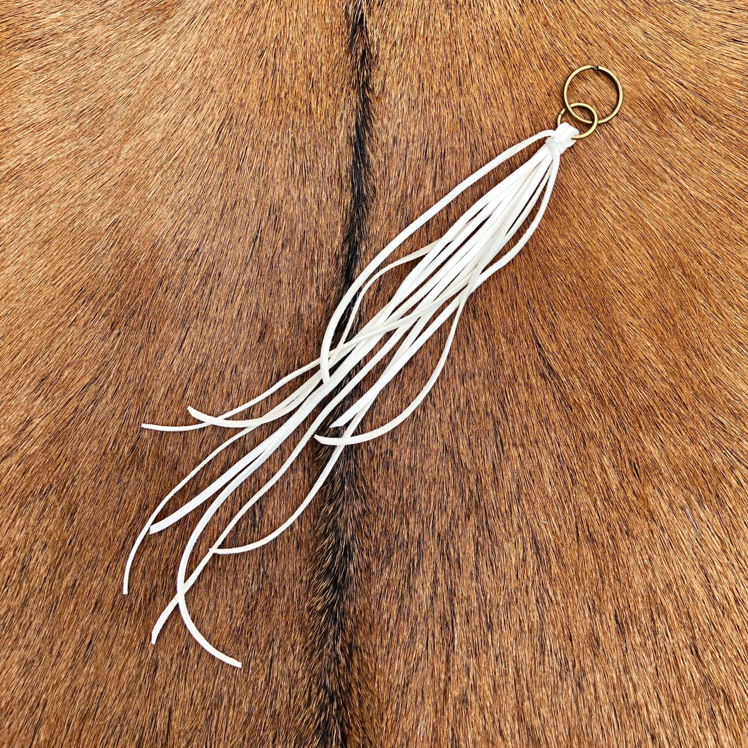 Leather Tassel Key Ring - White, Long Keyfob, Handbag Fringe