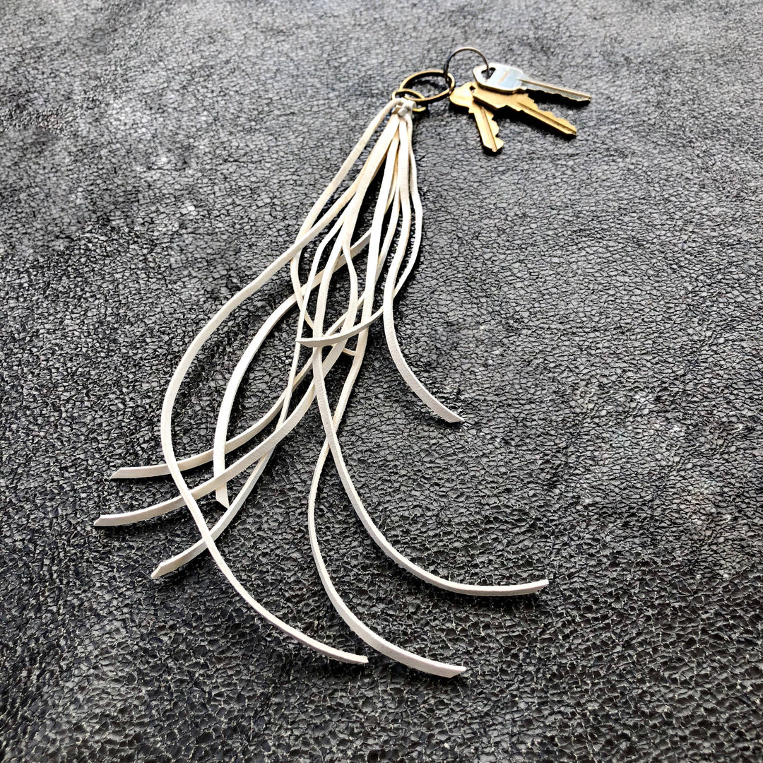 Leather Tassel Key Ring - White, Long Keyfob, Handbag Fringe