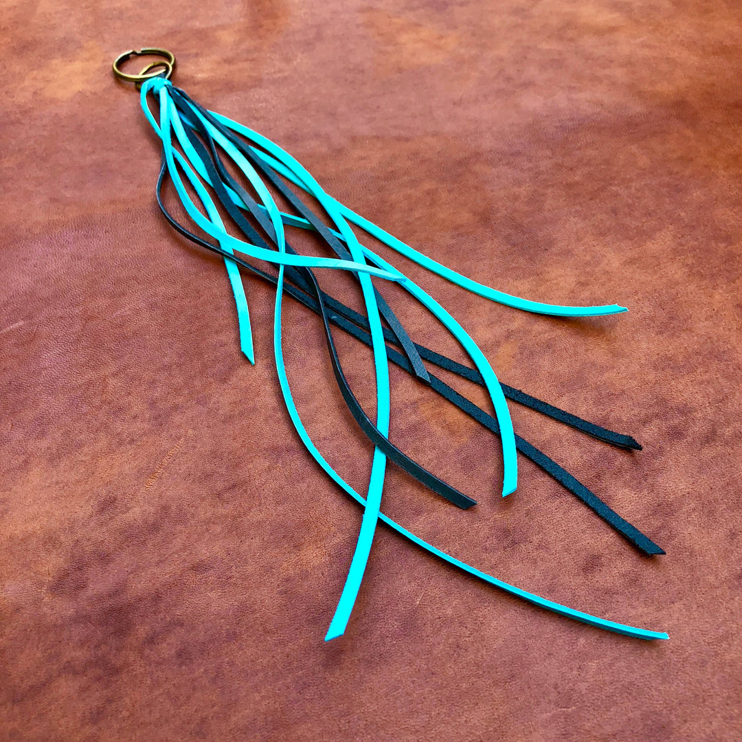 Leather Tassel Key Ring - Turquoise, Keyfob, Handbag Fringe