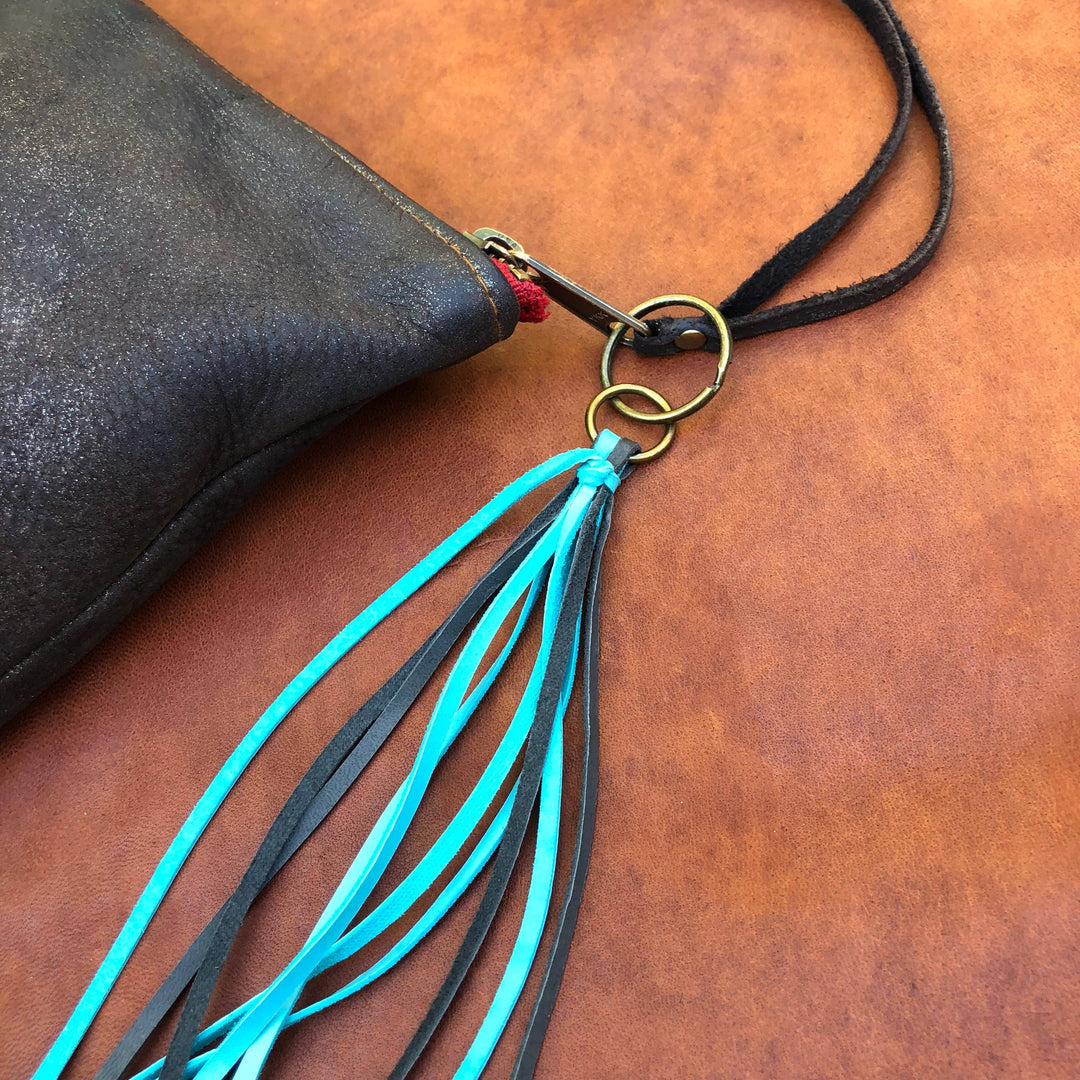 Leather Tassel Key Ring - Turquoise, Keyfob, Handbag Fringe