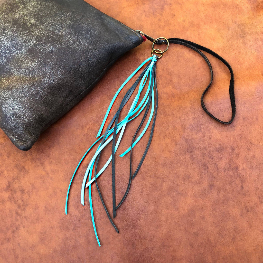 Leather Tassel Key Ring - Turquoise, Keyfob, Handbag Fringe