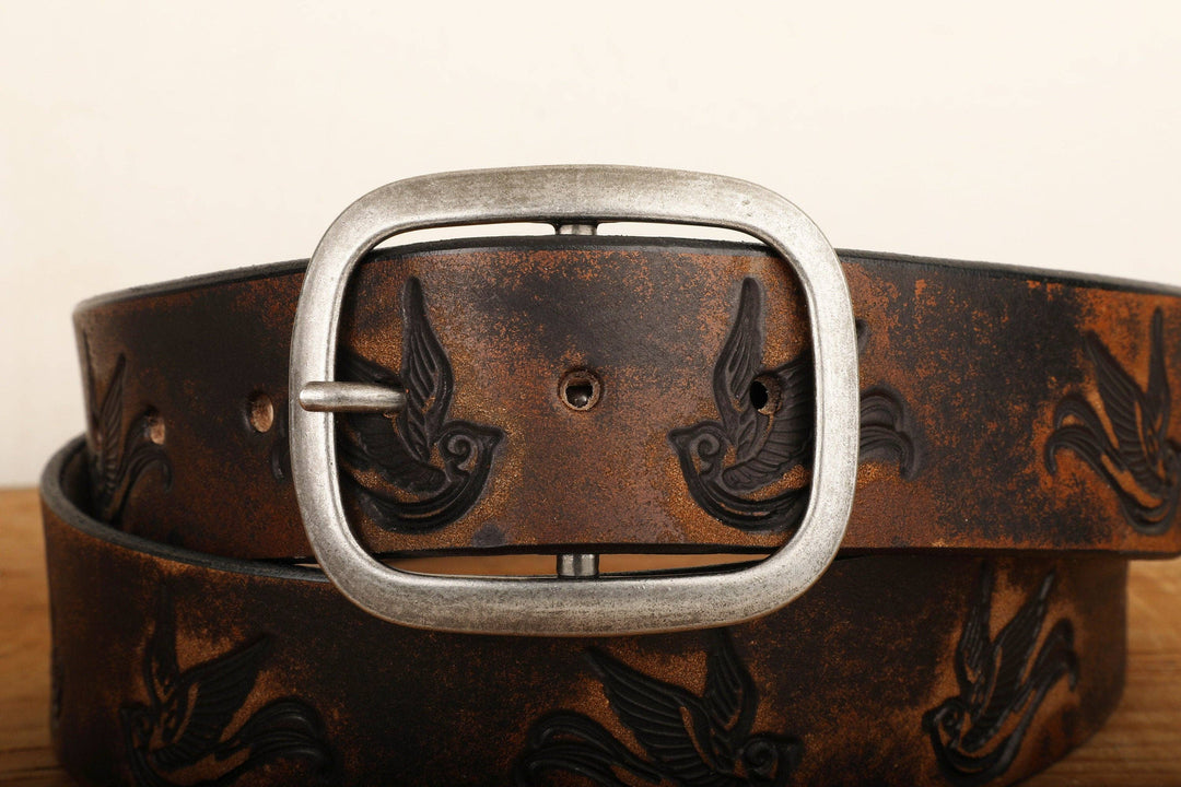 Embossed Sparrow Aged Leather Belt