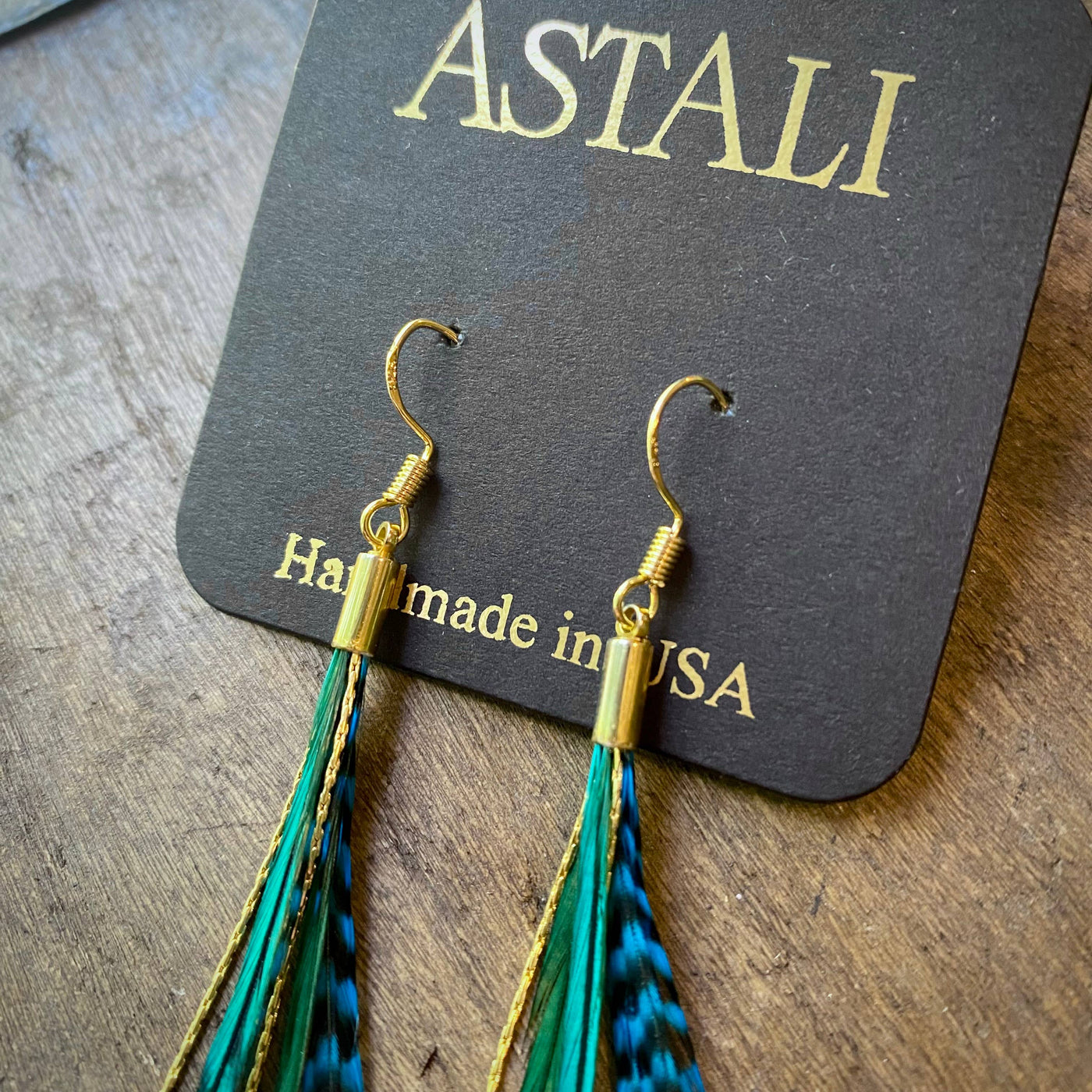 Mini Feather Earrings - Green & Turquoise Grizzly