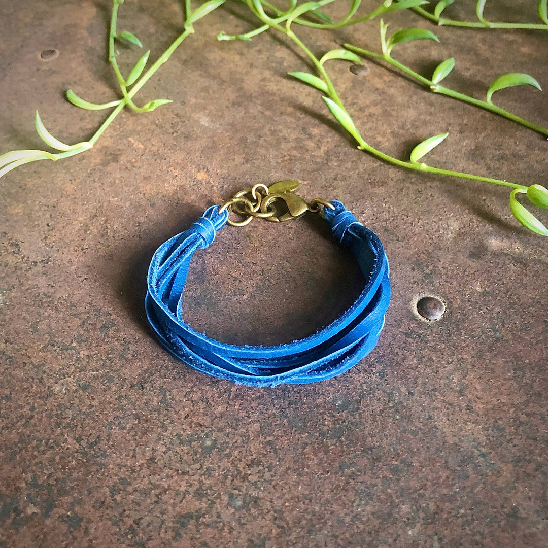 Leather 7-Strand Bracelet - Blue & Brass, Boho Western