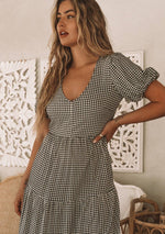 Load image into Gallery viewer, Gingham Puff Sleeve Tiered Midi Dress
