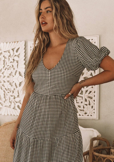 Gingham Puff Sleeve Tiered Midi Dress