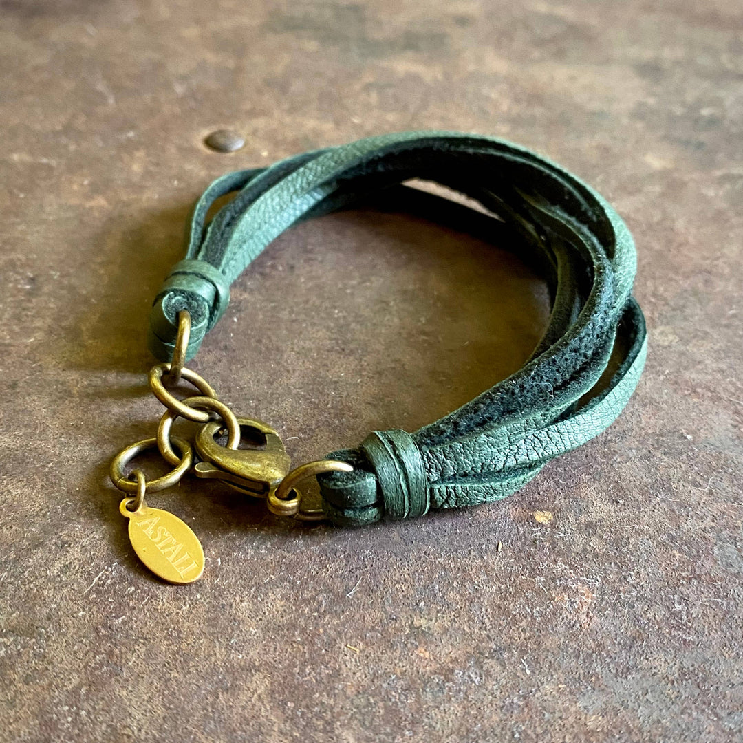 Leather 7-Strand Bracelet - Hunter Green & Brass, Western