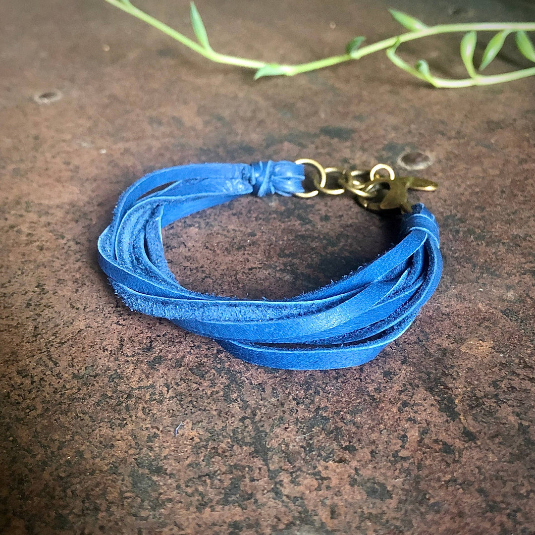 Leather 7-Strand Bracelet - Blue & Brass, Boho Western