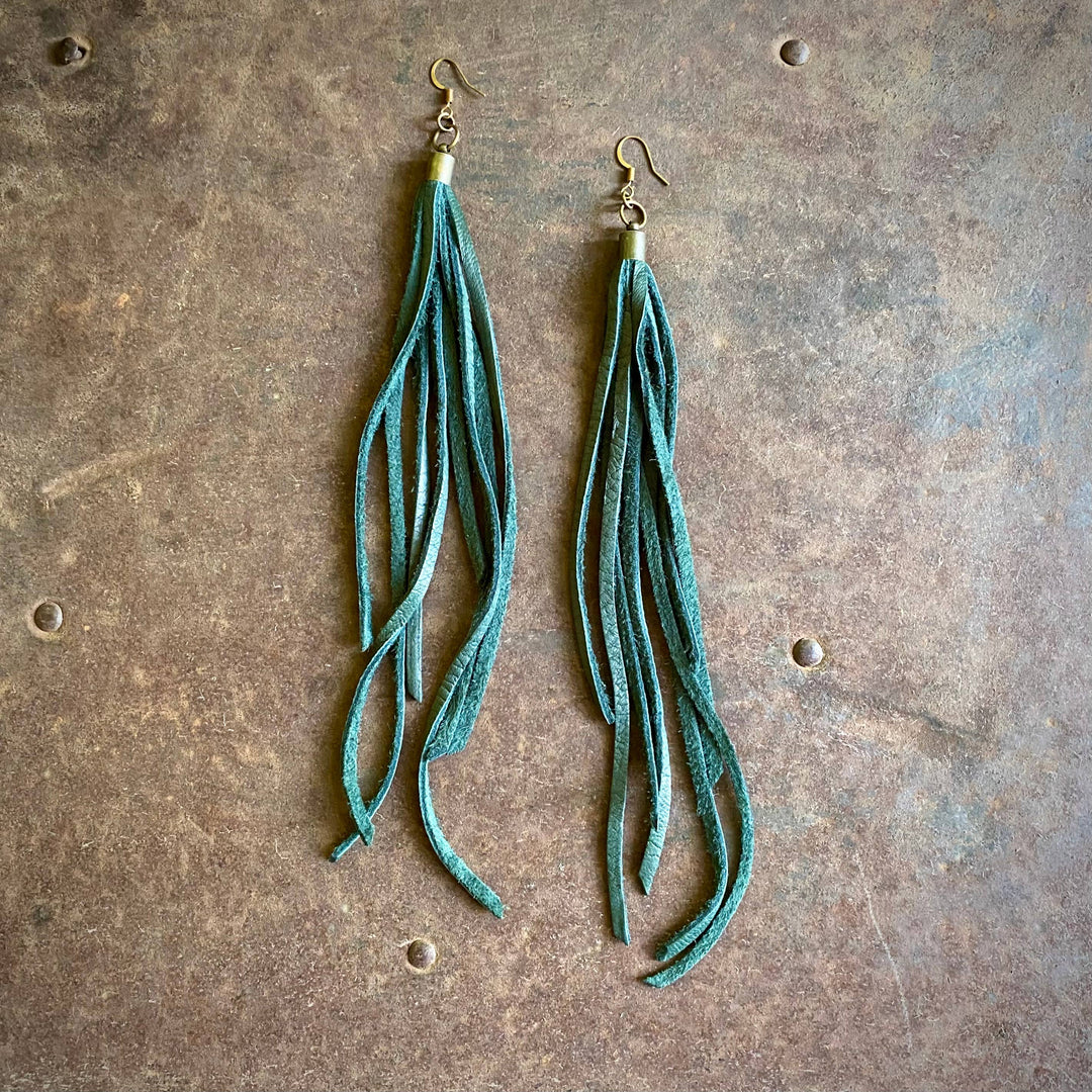 Leather Tassel Earrings - Hunter Green, Long Boho Western
