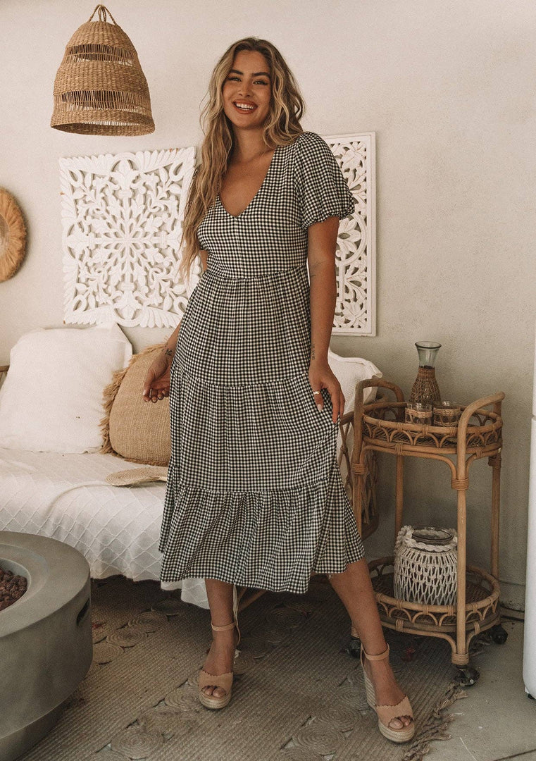 Gingham Puff Sleeve Tiered Midi Dress