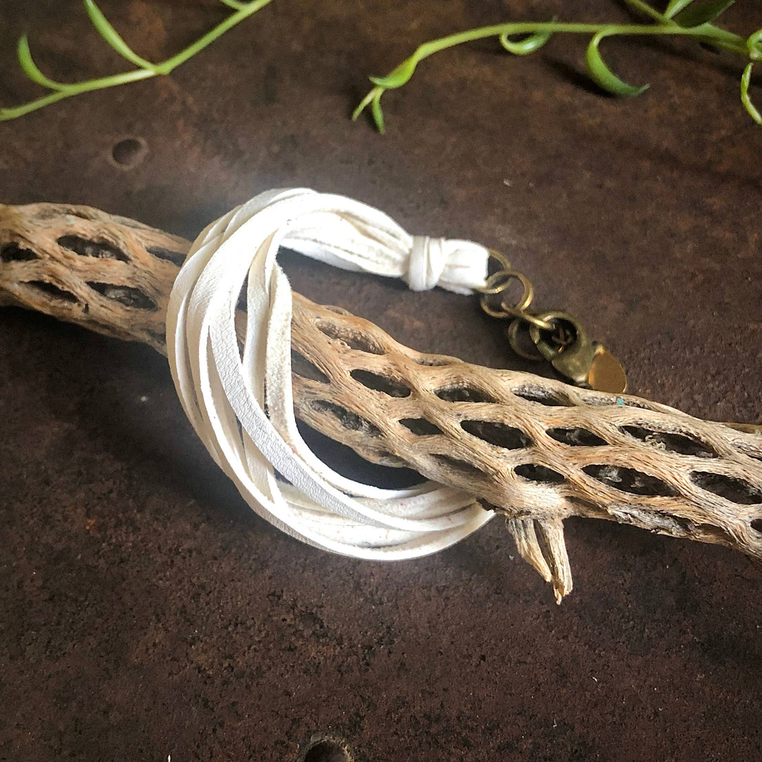 Leather 7-Strand Bracelet - White & Brass, Boho Western