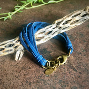 Leather 7-Strand Bracelet - Blue & Brass, Boho Western