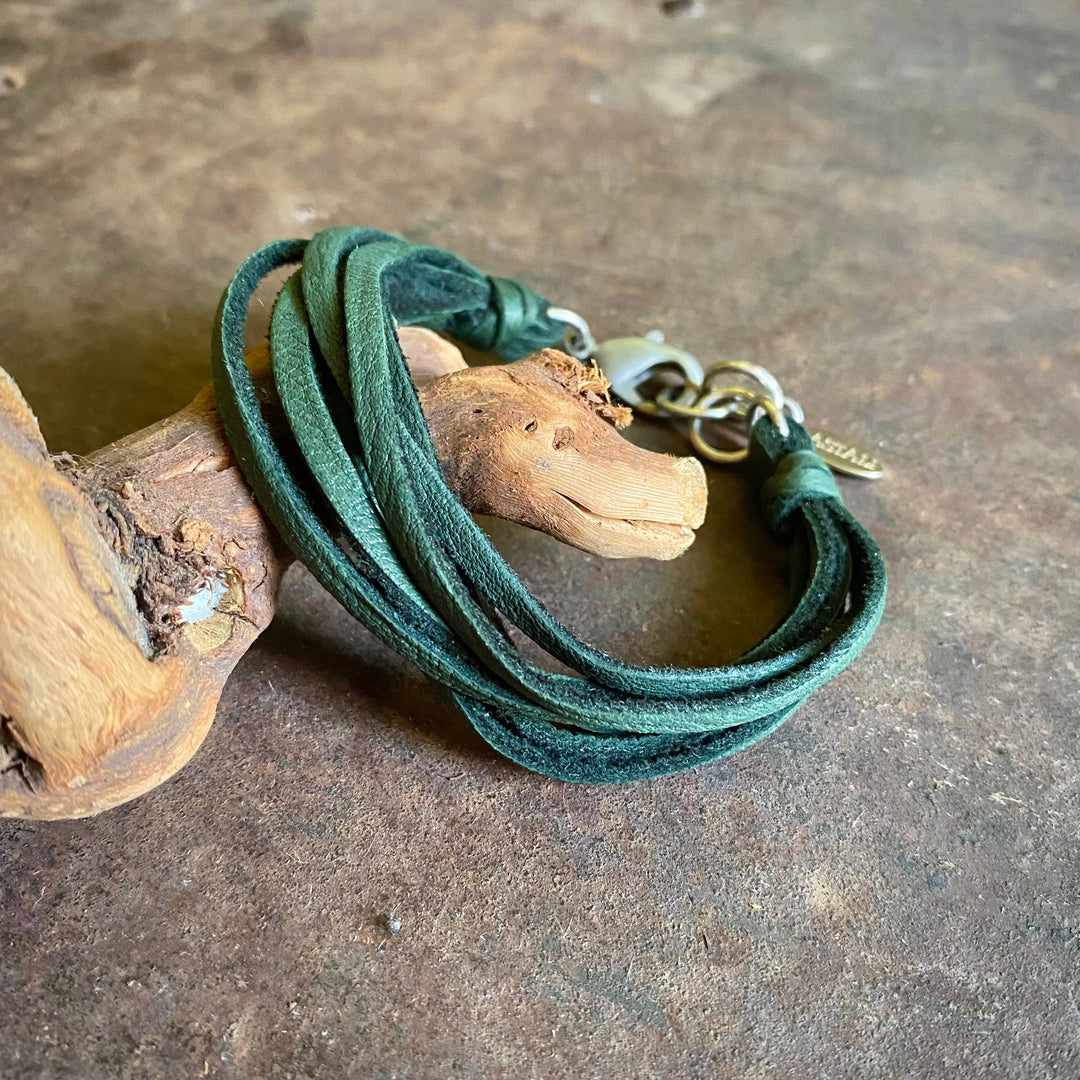 7-Strand Leather Bracelet - Hunter Green & Silver