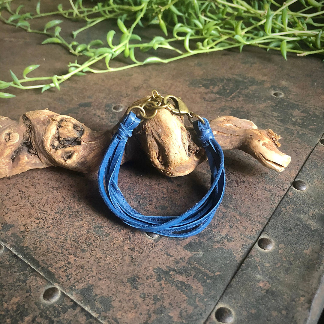 Leather 7-Strand Bracelet - Blue & Brass, Boho Western