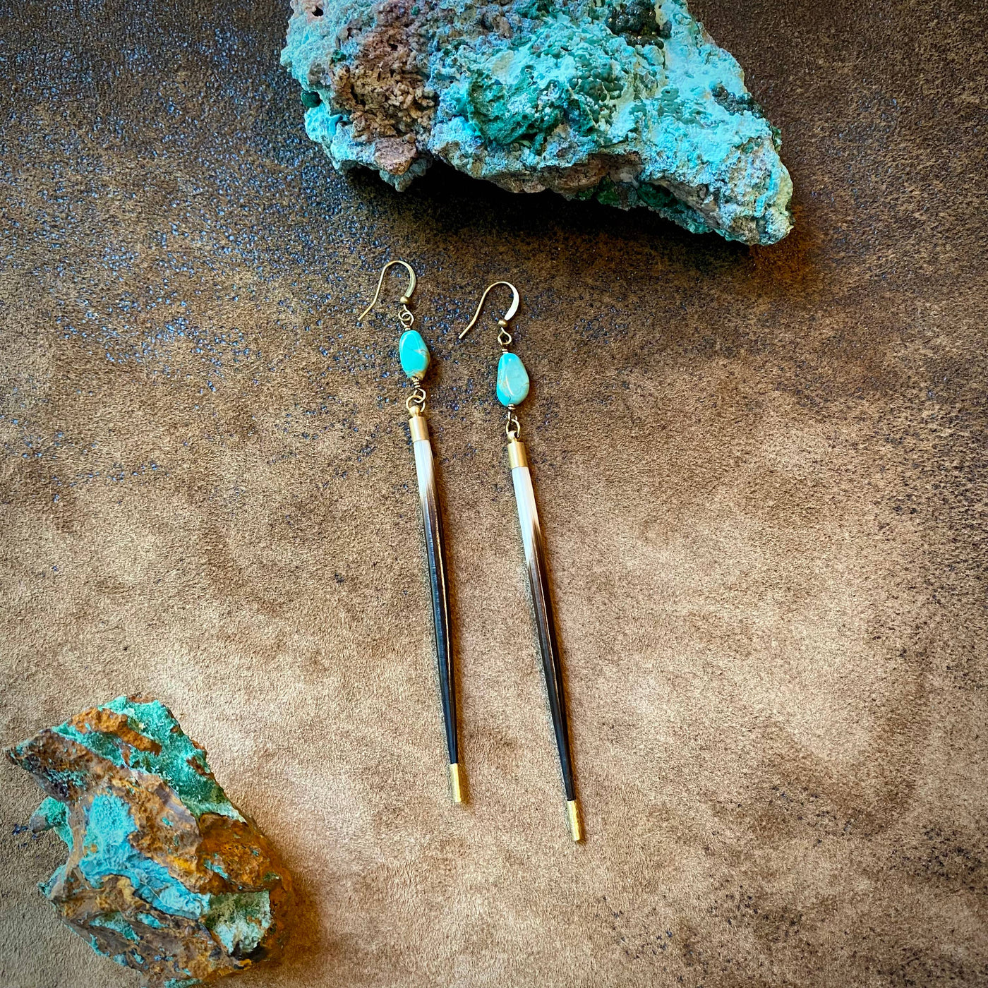 Porcupine Quill Turquoise and Brass Earrings