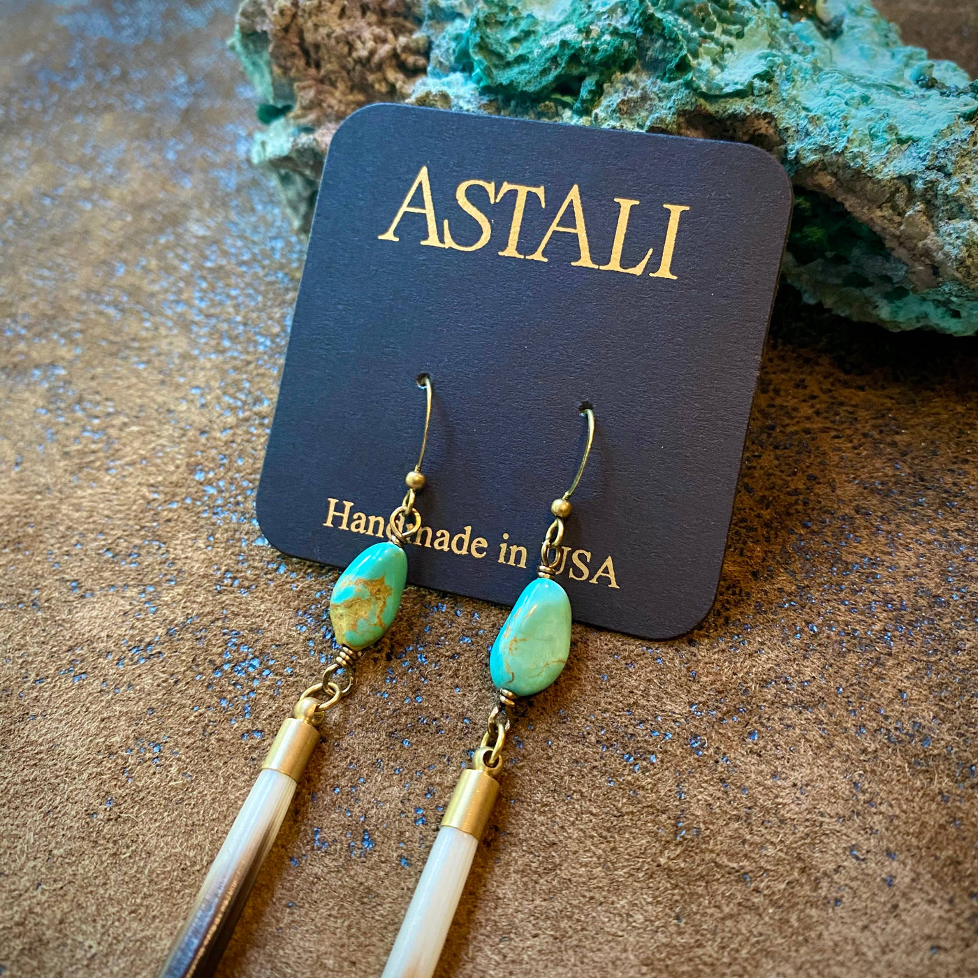 Porcupine Quill Turquoise and Brass Earrings