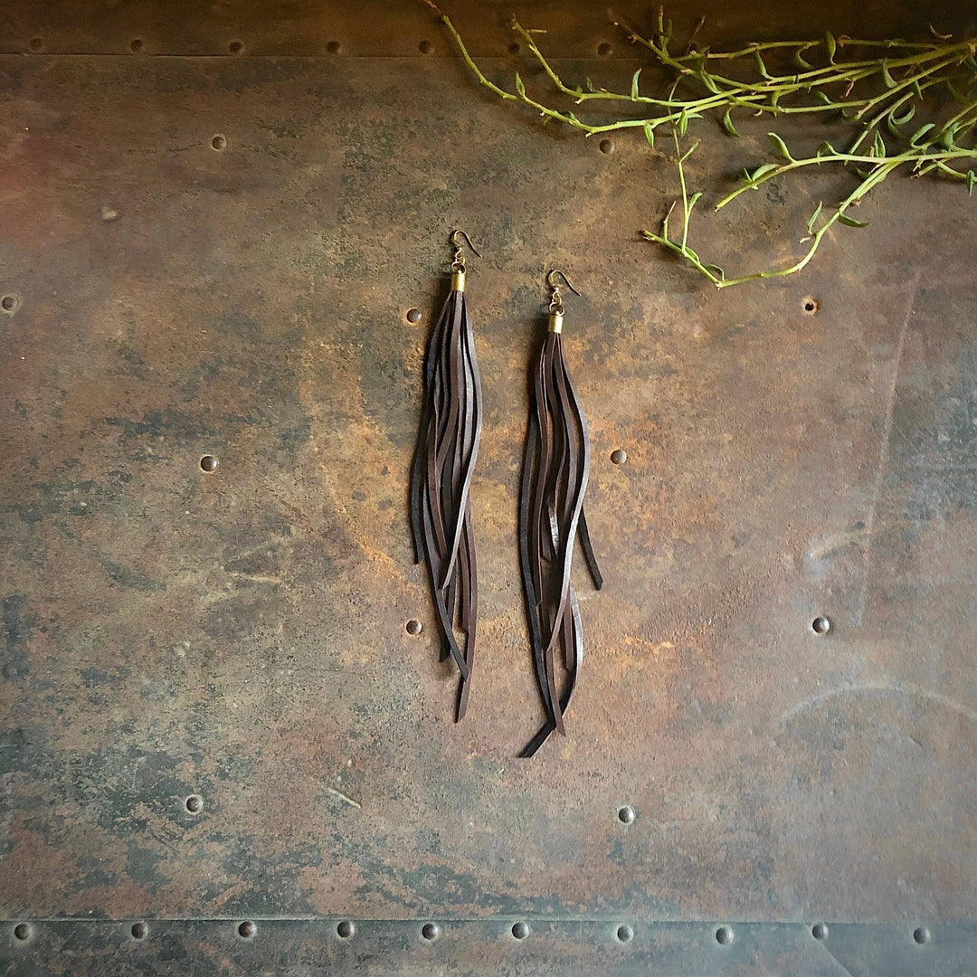 Leather Tassel Earrings - Chocolate Brown, Long Boho Western