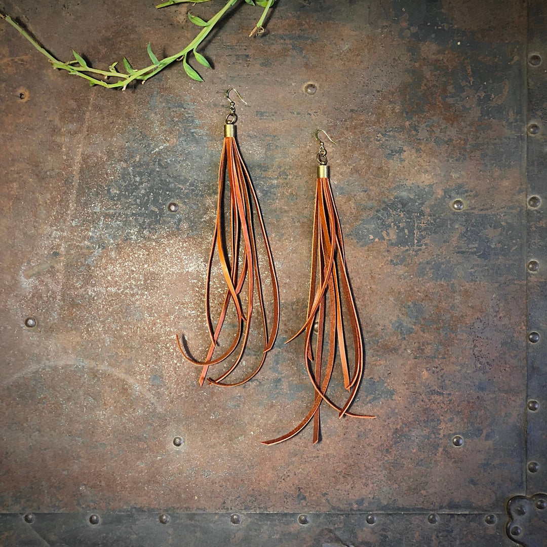 Leather Tassel Earrings - Rust, Long Boho Western Earrings