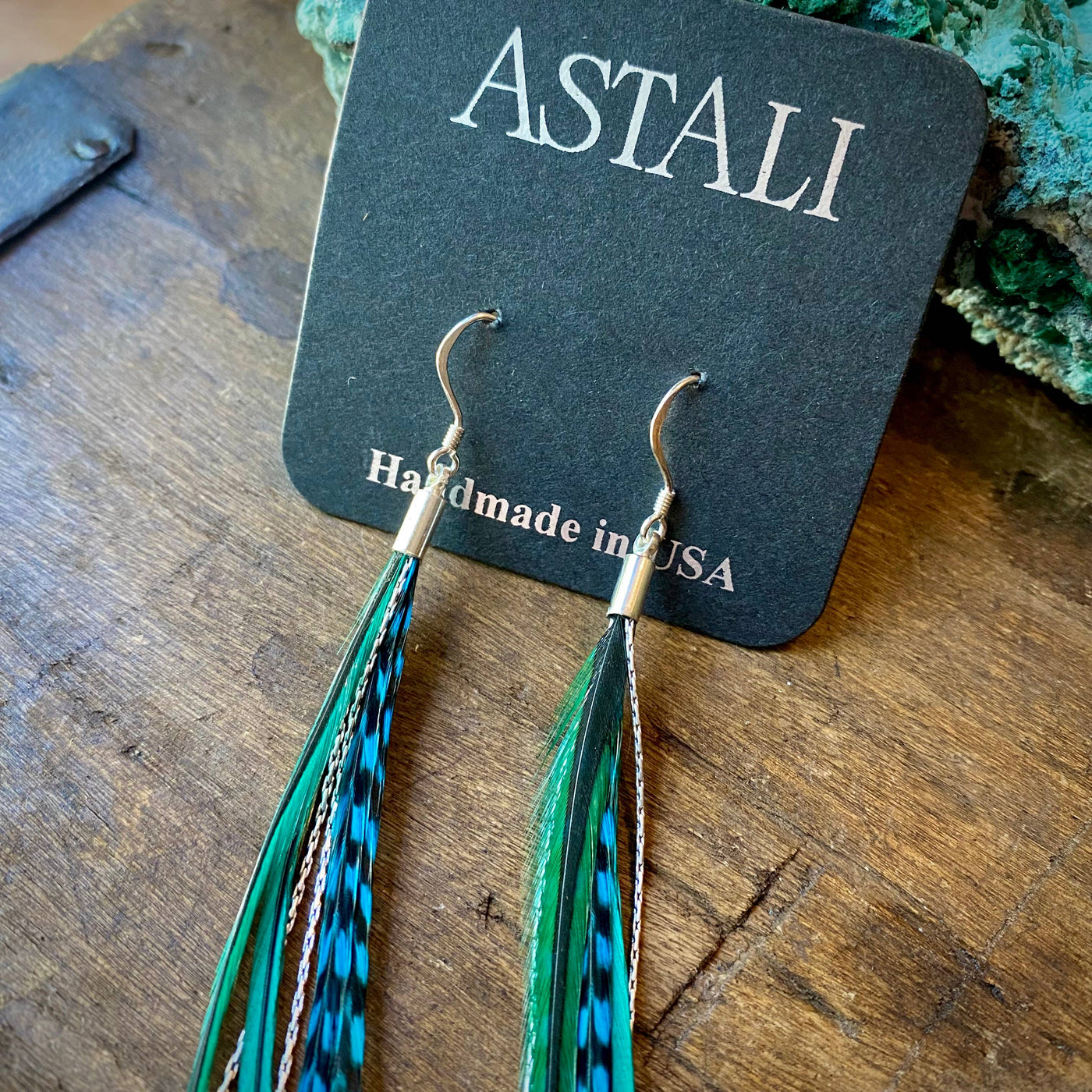 Mini Feather Earrings - Turquoise Grizzly & Silver