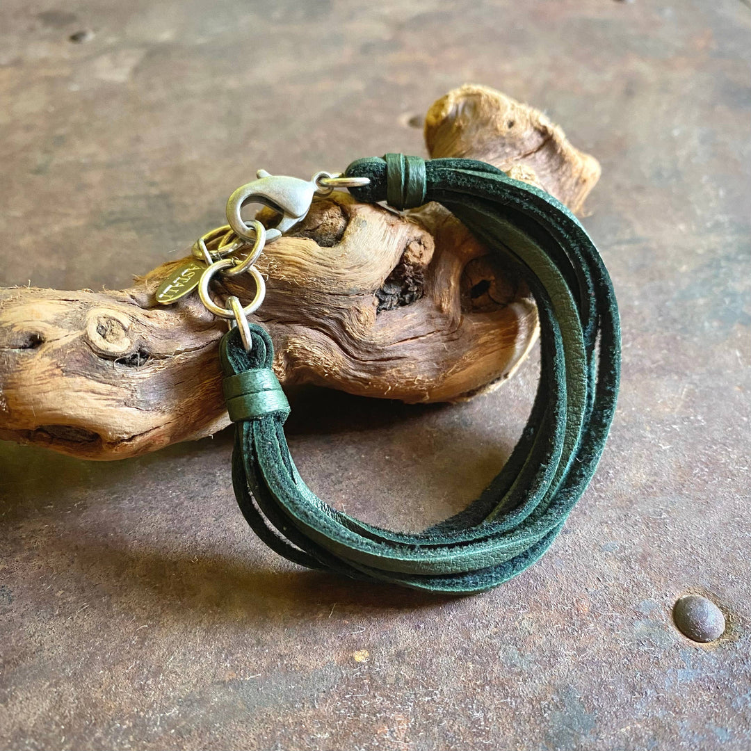 7-Strand Leather Bracelet - Hunter Green & Silver