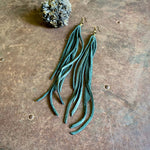 Load image into Gallery viewer, Leather Tassel Earrings - Hunter Green, Long Boho Western

