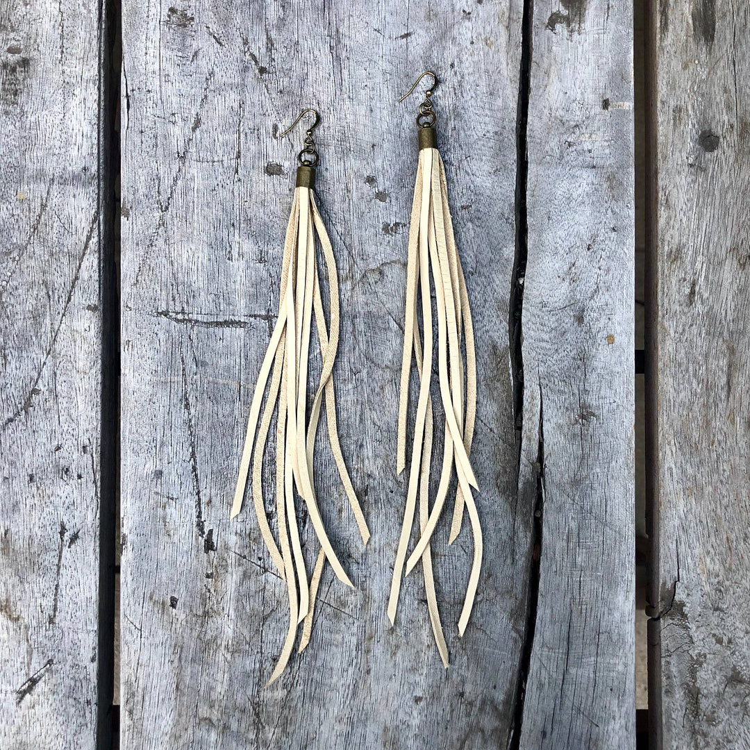 Leather Tassel Earrings - Cream, Long Boho Western Earrings