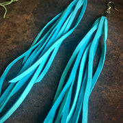 Leather Tassel Earrings - Turq & Silver, Long Boho Western