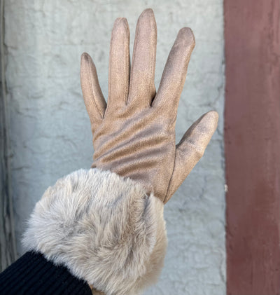 Faux Fur Trim Glove Khaki
