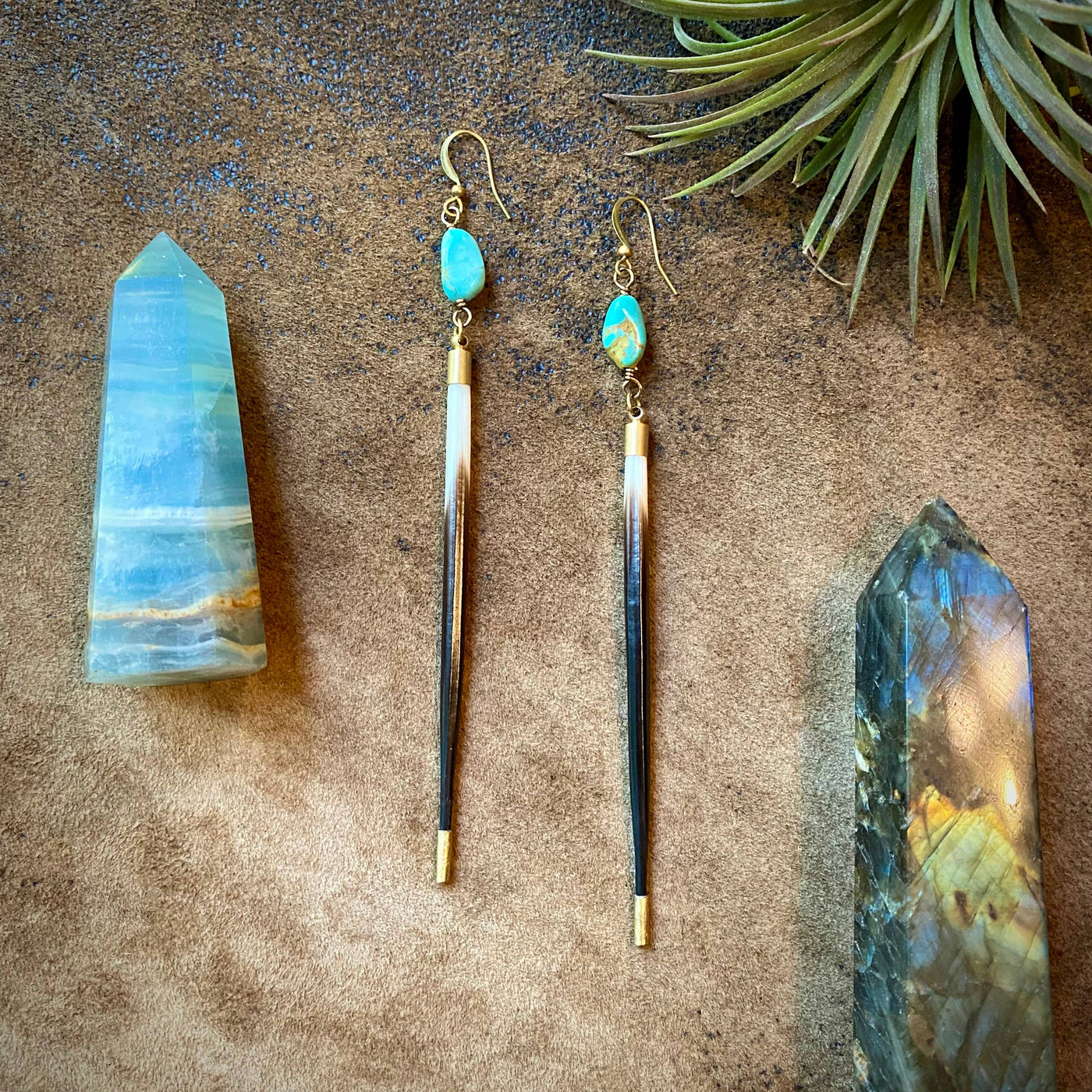 Porcupine Quill Turquoise and Brass Earrings