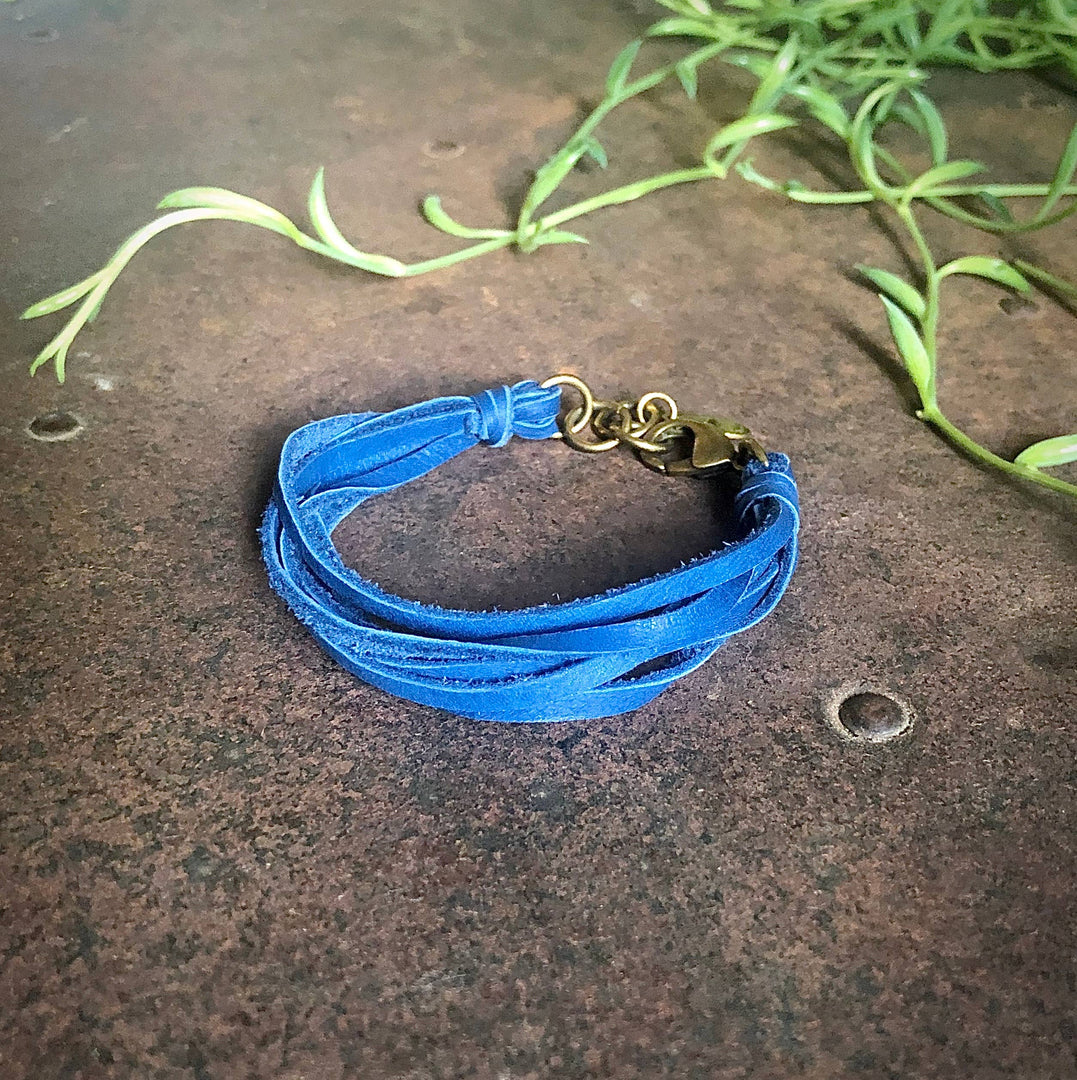 Leather 7-Strand Bracelet - Blue & Brass, Boho Western