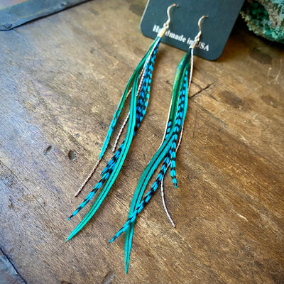 Mini Feather Earrings - Turquoise Grizzly & Silver