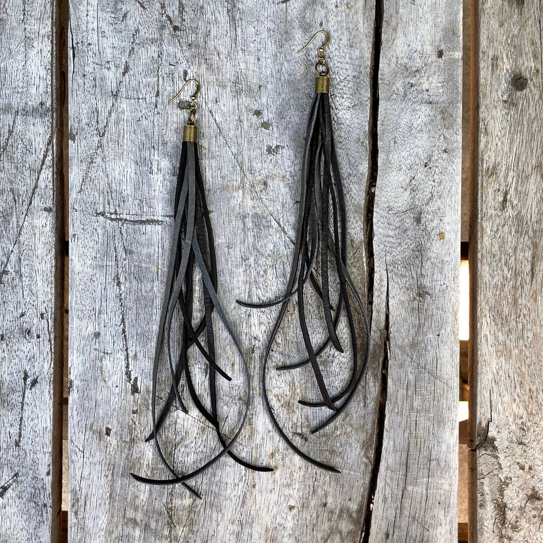 Leather Tassel Earrings - Charcoal & Black, Boho Western